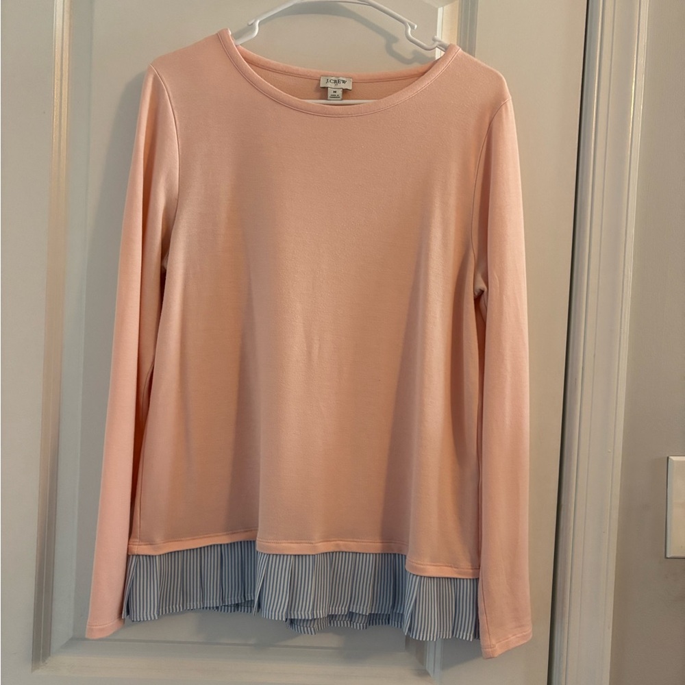 JCREW Women's Pink Long Sleeve Top with Blue Striped Hem Size Medium